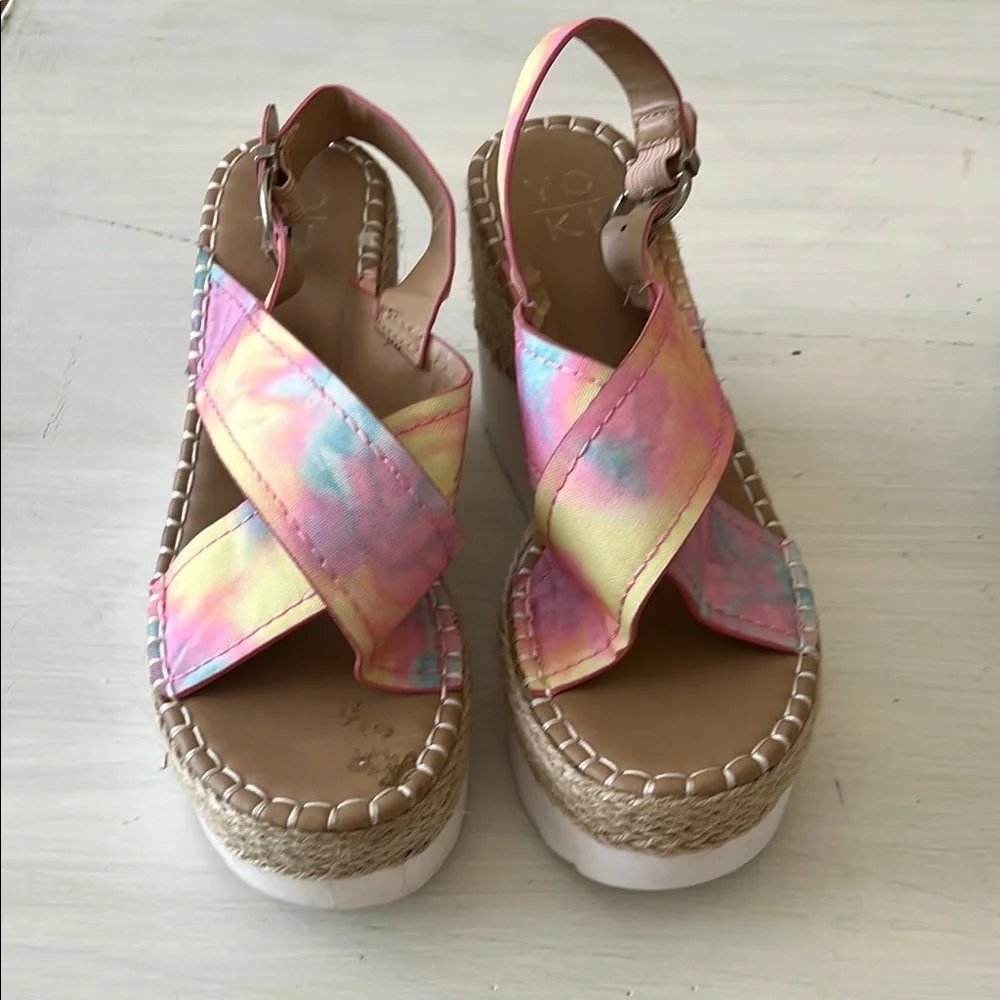 Yoki Pink and‎ Yellow Platform Sandals with Crossover Straps